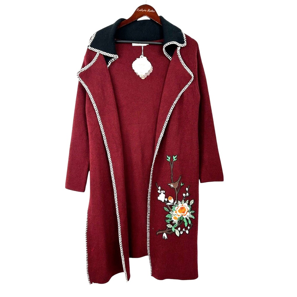 Simply Couture Cardigan Duster Women M Burgundy NEW Floral Bird Embroidered